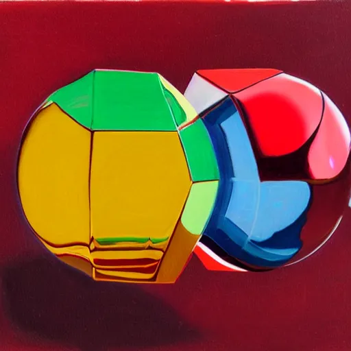 Prompt: chrome spheres on a red cube, gouache