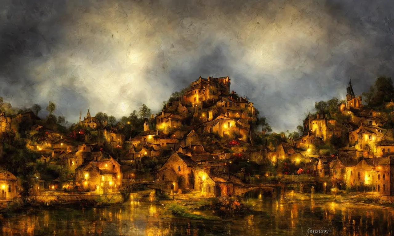 Prompt: breathtaking oil painting with palette knife, a medieval village landscape in luxurious nature, with intricate art nouveau moody dark tumultuous clouds, at dawn with roses and golden petals flying, rembrandt style, concept art, matte, palette knife painting, by georgia hart,