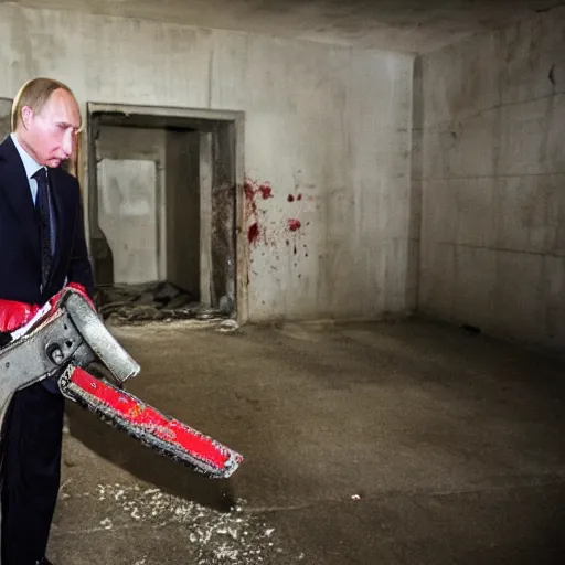 Image similar to putin with a chainsaw. in a concrete bunker with a pile of corpses. focus on putins face with blood splatters. canon eos r 3, f / 1. 4, iso 1 6 0 0, 1 / 8 0 s, 8 k, raw, grainy