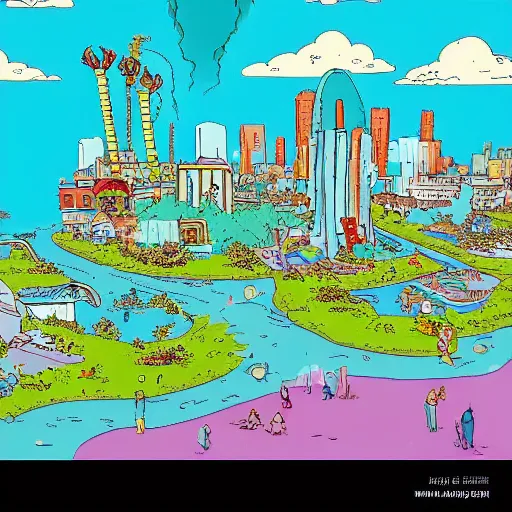 Prompt: towering deep turquoise tidal wave, the wave is crashing down into Springfield where the Simpsons live, on a sunny afternoon, realistic photo of the entire city, UE5