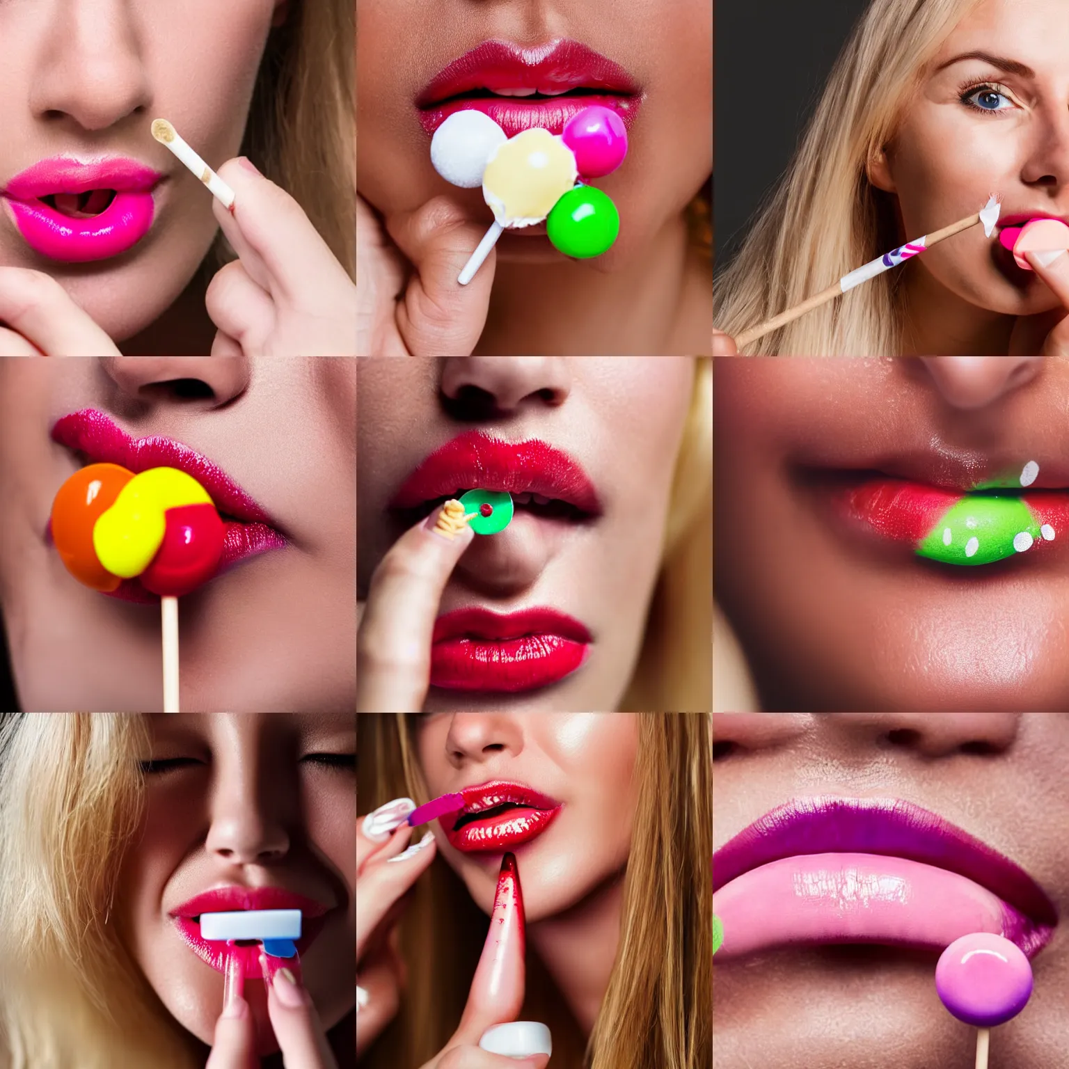 Prompt: a blonde woman with a lollipop against her lips, extreme close up, commercial photography