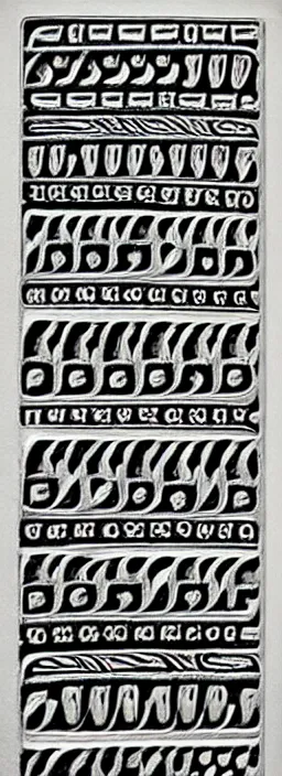 Prompt: ornate sumerian art, black and white, very ancient design, intricate organization, detailed cuneiform