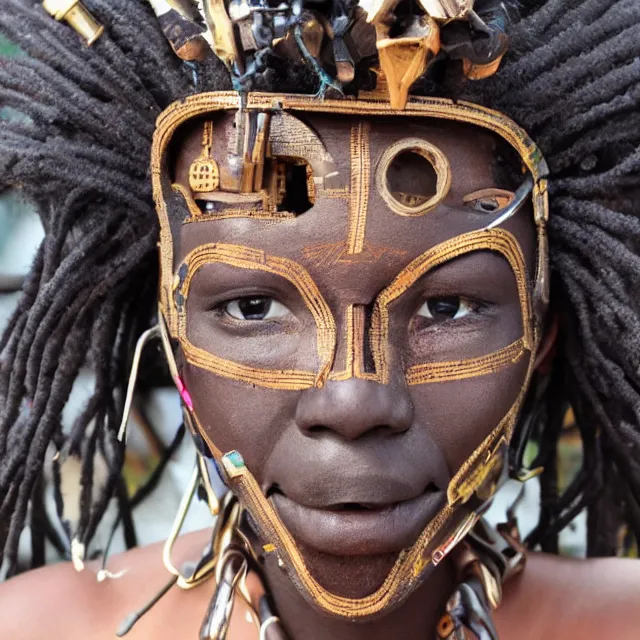 Image similar to a beautiful cyborg made of african ceremonial maske