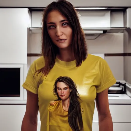 Prompt: a candid photo of a brunette female, young, athletic, australian, hyperrealistic artstation face, wearing a gold tshirt in a kitchen