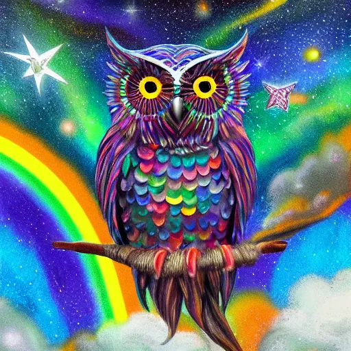 Prompt: rainbow owl flying with the starry night sky above , trending on artstation, digital art, 4k, hyper realism, high detail, cinematic, cinematic lighting, high detail, realistic, fantasy