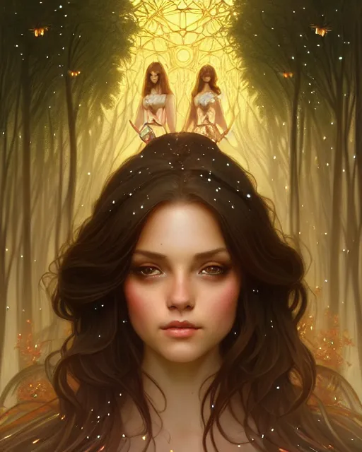 Image similar to symmetry portrait of brunette princess, glam, fae, fireflies, forest background, intricate, elegant, highly detailed, digital painting, artstation, concept art, smooth, sharp focus, illustration, art by artgerm and greg rutkowski and fra angelico and alphons mucha