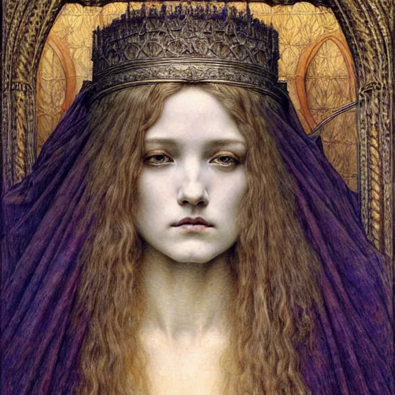 Image similar to detailed realistic beautiful young medieval queen face portrait by jean delville, gustave dore and marco mazzoni, art nouveau, symbolist, visionary, gothic, pre - raphaelite. horizontal symmetry