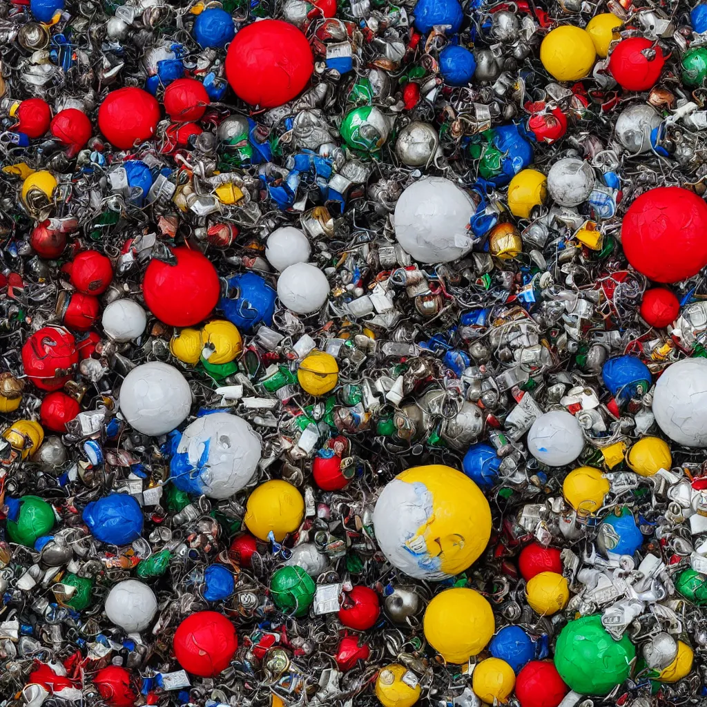 Prompt: ball made of plastic garbage and domestic waste and metal trash, photo realistic image, 4K, super detailed, cinematic look