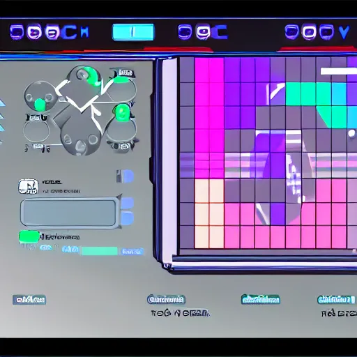 Prompt: “The UI interface for a spaceship RPG with neo-90’s graphical style, has interface for health, a minimap, waypoint markers, a velocity meter, an indicator for current armaments and what current drive mode is active”