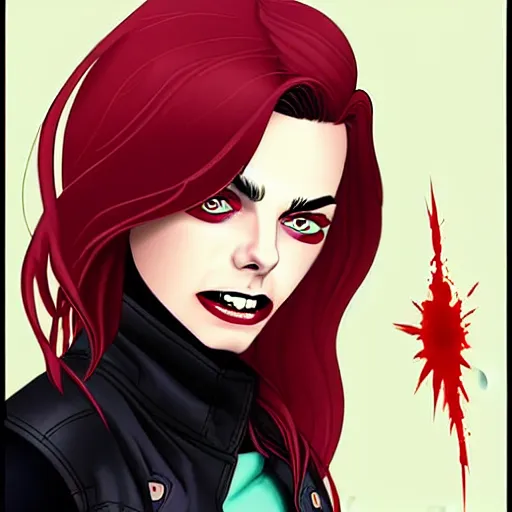 Prompt: Jamie McKelvie comic art, loish, pretty female Samara Weaving vampire, very sharp vampire fangs teeth, blood on face face, sarcastic smile, symmetrical eyes, symmetrical face, brown leather jacket, jeans, long black hair, middle shot, bright colors, highly saturated