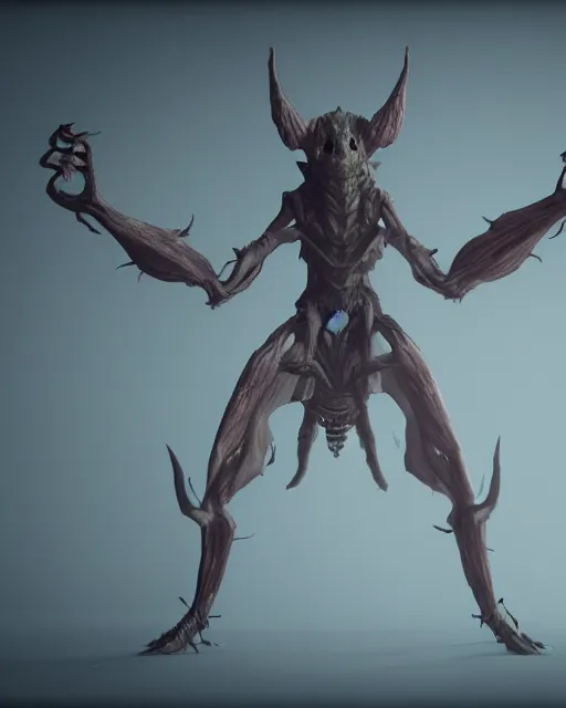 Image similar to pale long-armed demon inspired by moths, cgsociety, detailed, unreal engine, textured, cinematic, character design