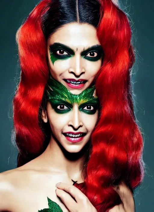 Prompt: A beautiful portrait of Deepika Padukone as Poison Ivy from Batman as a Versace fashion model Spring/Summer 2012, highly detailed, in the style of cinematic, Getty images, Milan fashion week backstage, Makeup by Pat McGrath, Greg rutkowski