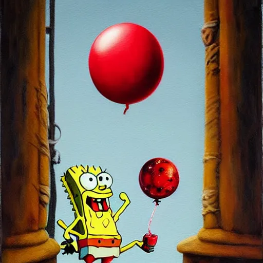 Image similar to grunge painting of spongebob with a wide smile and a red balloon by chris leib, loony toons style, pennywise style, corpse bride style, horror theme, detailed, elegant, intricate