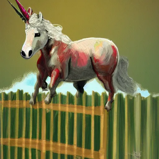 Image similar to an overweight unicorn hopping over a fence, digital painting