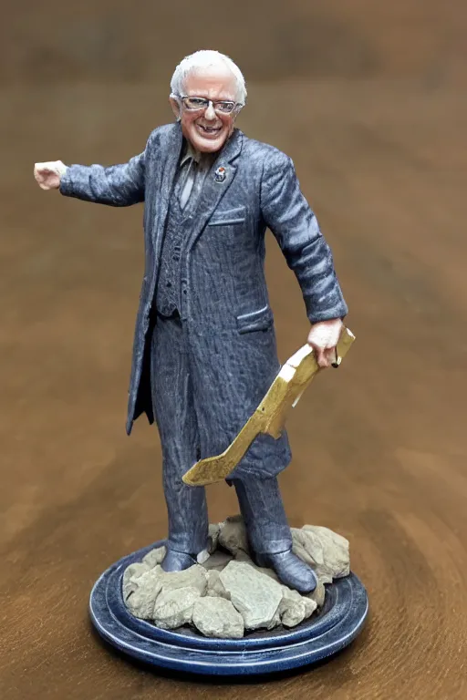 Image similar to a resin miniature of Bernie Sanders in Warhammer, miniature product photo, full body, on textured disc base, 4K, HD