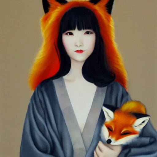 Prompt: a painting of a young Japanese woman with fox ears, realistic, beautiful