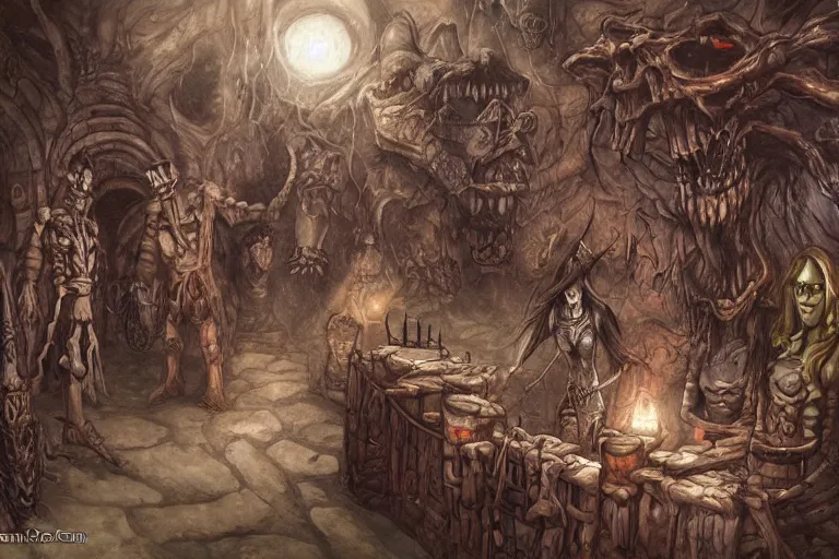 Image similar to Planescape Torment, inside the smoldering corpse bar, by thomas rocha