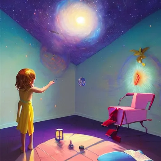 Image similar to a child goddess creating a universe in her room at night. Detailed. Elaborate. Intricate. Digital art. Masterpiece. By Krzysztof Maziarz. RHADS. Repin.