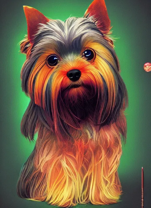 Prompt: A psychedelic portrait of yorkshire terrier puppy in the style of my neighbor totoro, vibrant color scheme, highly detailed, in the style of romanticism, cinematic, artstation, Moebius, Greg rutkowski