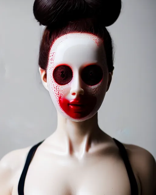 Image similar to portrait of a woman wearing a red embroidered translucent silicone mask and white frizzy hair buns, wearing a black bodysuit, cream white background, soft diffused light, biotechnology, humanoide robot, sterile light, futuristic aesthetic, translucent, ethereal, intricate details, highly detailed, masterpiece,