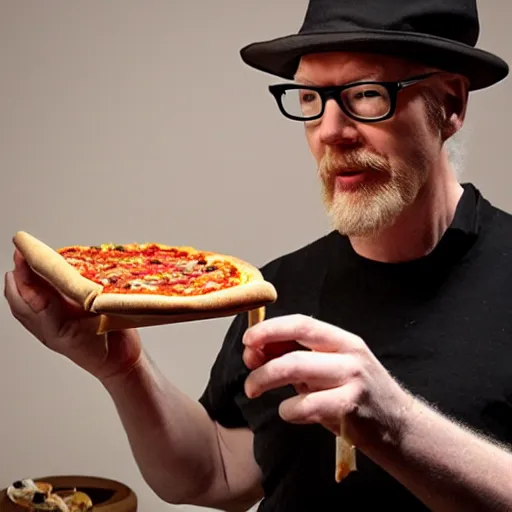 Image similar to adam savage attempting to play a pizza like a piccolo, photo realistic, extreme detail