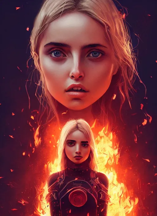 Prompt: blond girl hell spawn surrounded by fire tornadoes, flawless symmetrical pretty cute face, ana de armas, greg rutkowski, 8 k, shallow depth of field, intricate detail, concept art,