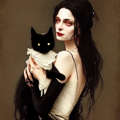 Image similar to an elegant victorian vampire holding lovingly a black cat on her arms, portrait, intricate, elegant, highly detailed, digital painting, artstation, concept art, rough, sharp focus, illustration, art by artgerm and greg rutkowski and alphonse mucha