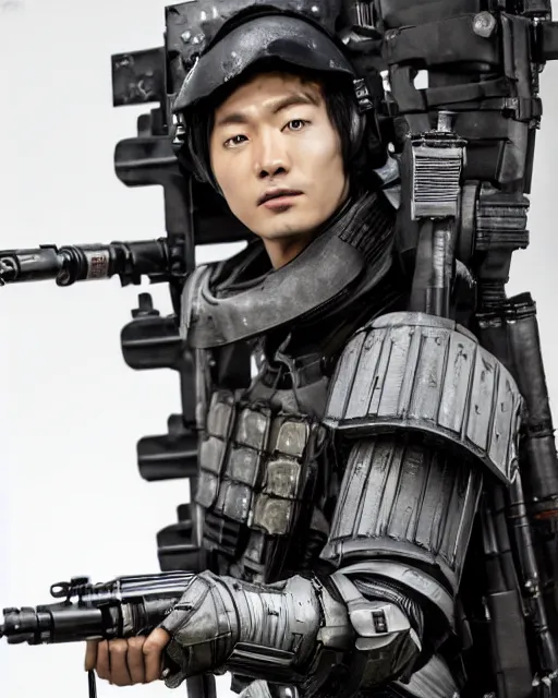 Prompt: Korean Actor Park Solomon as Kazuki Fuse in Live Action Jin Roh: The Wolf Brigade, wearing full armor holding his MG 42 machine Gun, Studio Lighting, shot in the Style of Annie Leibovitz, Mamoru Ushii