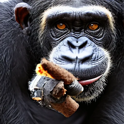 Image similar to a high detail closeup shot of a chimp wearing a suit and smoking a cigar