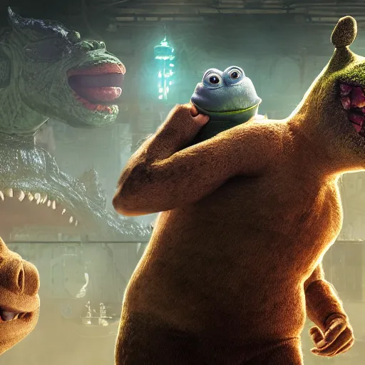 Image similar to mr. bean godzilla super mario pickle rick yoda donkey kong pikachu yeti shrek spongebob homer groot kermit in gears of war, splash art, movie still, detailed face, photorealistic facial features, cinematic lighting, dramatic, octane render, long lens, shallow depth of field, bokeh, anamorphic lens flare, 8 k, hyper detailed, 3 5 mm film grain