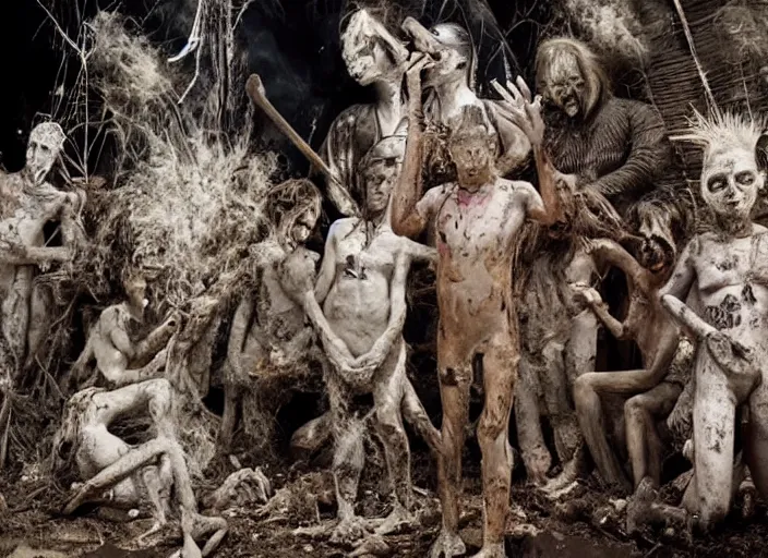 Image similar to sensual scene from art house film by alejandro jodorowsky, roger ballen : : surreal scene of an occult ritual in a picturesque outdoors setting : : mirrors, ashes, new guinea mud man, costumes, snakes, smoke, burned dolls : : close - up of the actors'faces : : technicolor, 8 k