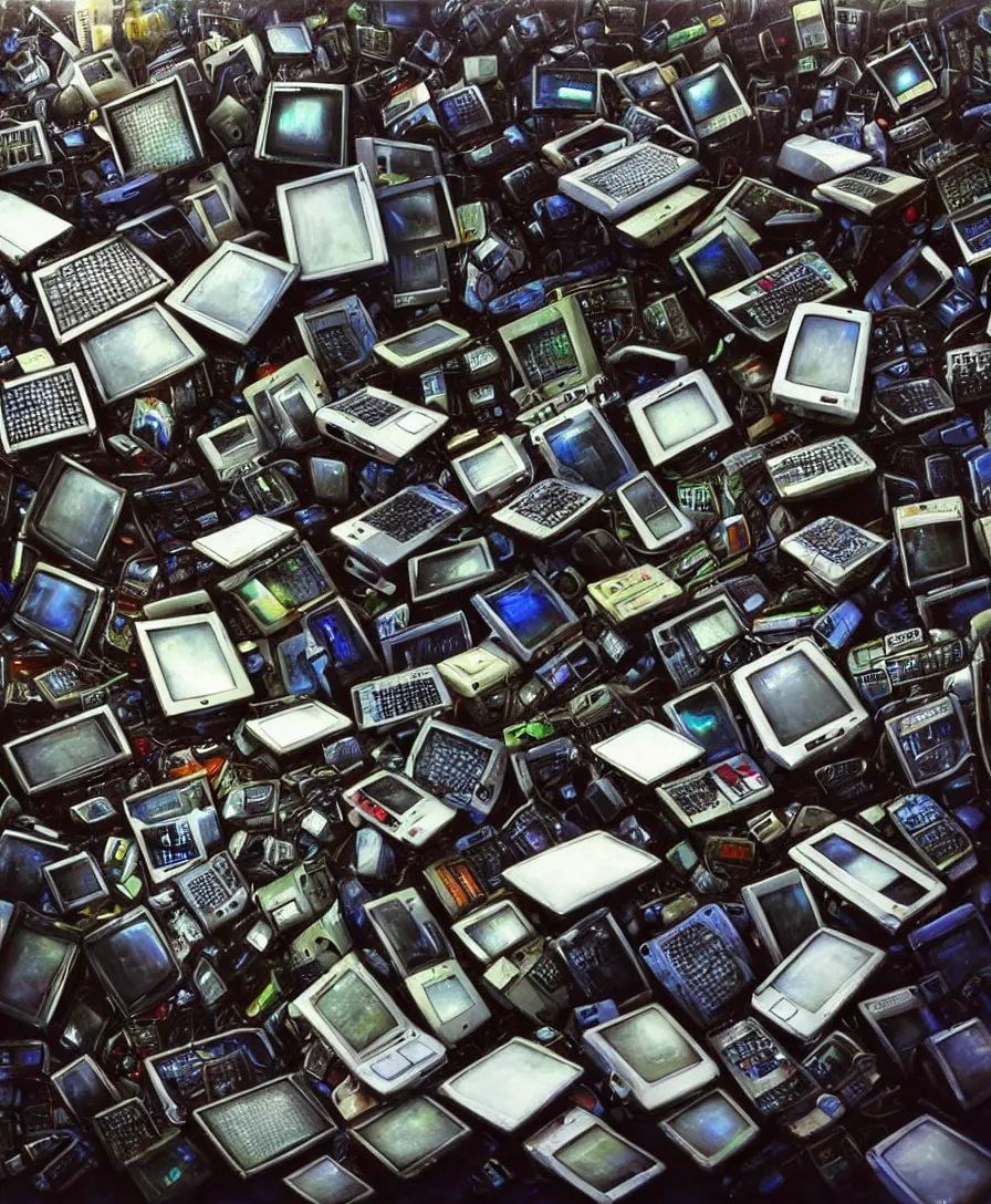 Prompt: realistic photo of piles of electronic waste of computers, mobiles and other items, very sharp focus, very hyper realistic, art of greg rutsowski, highly detailed, fantasy art station