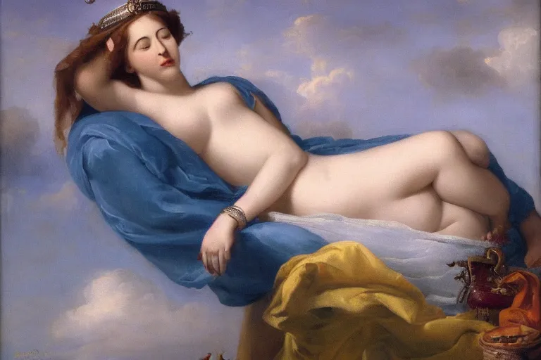 Image similar to a beautiful godess relaxing on a cloud by max, peter, portrait,