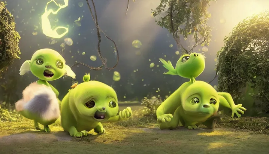 Image similar to very very very cute green baby animals by Max Kostenko and Bobby Chiu, disney, pixar, MPC, Framestore, character design for animation, uplight, a lineup of characters, big disney eyes, symmetrical yellow eyes, cuteness, 3d render, octane rendered, highly detailed, cinematic lightning, rendered by maya and houdini, highly detailed, unreal engine, Trending on Artstation, octane render, 4k, 8k, HD, oil on Canvas by Elena Zhurikhina and Goro Fujita and Charlie Bowater