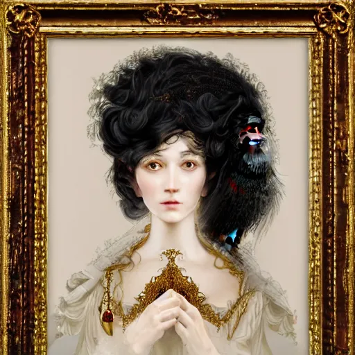 Image similar to portrait of a red sorcerer, sharp focus, black hair, baroque, rococo, highly detailed, intricate, bird mask, white, regal clothing, gold ethereal light, high fantasy