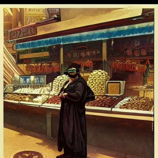 Image similar to byzantine bureaucrat wearing coolie hat and VR goggles with scrolling Chinese Arabic text standing behind counter in Hong Kong market, Dune concept art by Greg Rutkowkski, Brom, and Alphonse Mucha