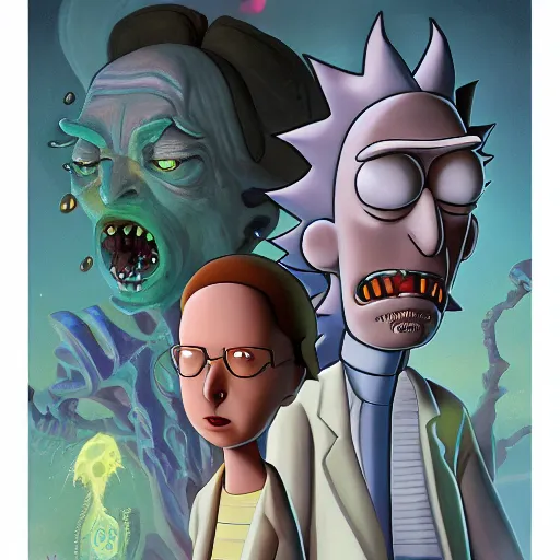 Prompt: a portrait of rick and morty as a wizards, upper half portrait, urban motifs, intricate, elegant, highly detailed, digital painting, trending on artstation, concept art, smooth sharp focus, illustration, art by artgerm and greg rutkowski