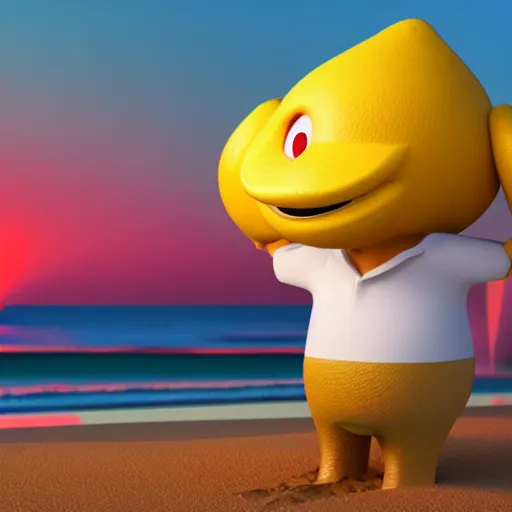 Prompt: 3 d render, of anthropomorphic lemon character, he is wearing a hat, building a sandcastle on the beach at sunset, beach, huge waves, sun, clouds, rim light, cinematic photography, professional, sand, sandcastle, volumetric lightening