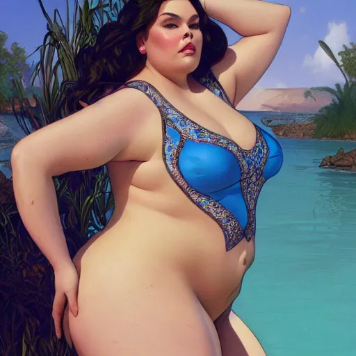 Image similar to coy chrissy metz on a swimsuit intricate, elegant, highly detailed, digital painting, artstation, concept art, smooth, sharp focus, illustration, art by artgerm and greg rutkowski and alphonse mucha