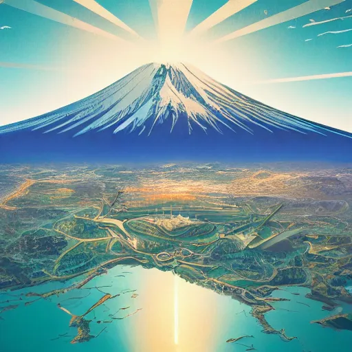 Image similar to a highly detailed matte painting of retro futurist mount fuji hosting the olympics, aerial photography, ultrawide lens, by dan mumford, yusuke murata, makoto shinkai, ross tran, cosmic, heavenly, god rays, intricate detail, cinematic, 8 k, cel shaded, unreal engine, featured on artstation, pixiv