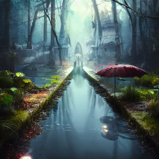 Image similar to wonderland, cinematic, wet reflections, unreal engine 5, octane, smooth, ray tracing, hyper detailed, hyper realism, fantasy, trending on artstation, behance, deviantart