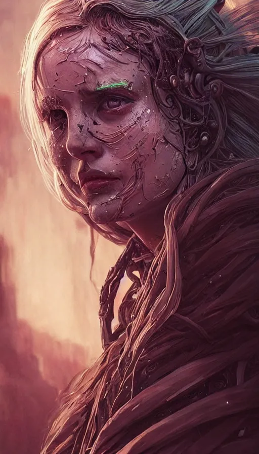 Prompt: furious gorgeous woman, face covered in dirt, lord of the rings ,cyberpunk, neon, fibonacci, sweaty, insane, intricate, highly detailed, digital painting, artstation, concept art, smooth, sharp focus, illustration, Unreal Engine 5, 8K, art by artgerm and greg rutkowski and alphonse mucha