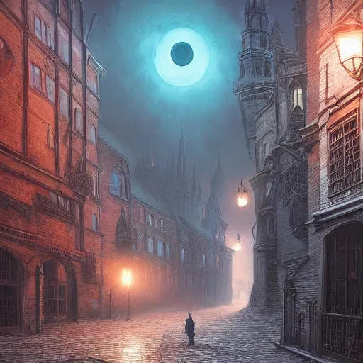 Prompt: A beautiful painting of a gothic city street similar to Bloodborne, with the scarlet moon shining at night, Cthulhu by Zdzisław Beksiński and Simon Stålenhag,In style of digital illustration art,Rembrandt lighting,Ray tracing,hyper detailed,sharp focus,Soft light.4k