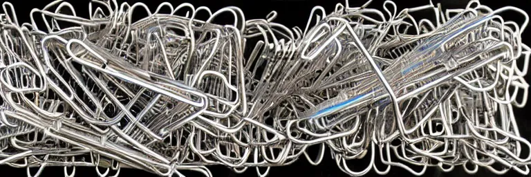 Prompt: a large set of entangled paperclips, dieselpunk image