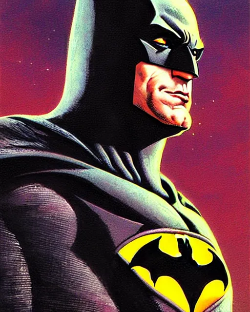 Image similar to batman, character portrait, portrait, close up, concept art, intricate details, highly detailed, vintage sci - fi poster, retro future, vintage sci - fi art, in the style of chris foss, rodger dean, moebius, michael whelan, and gustave dore