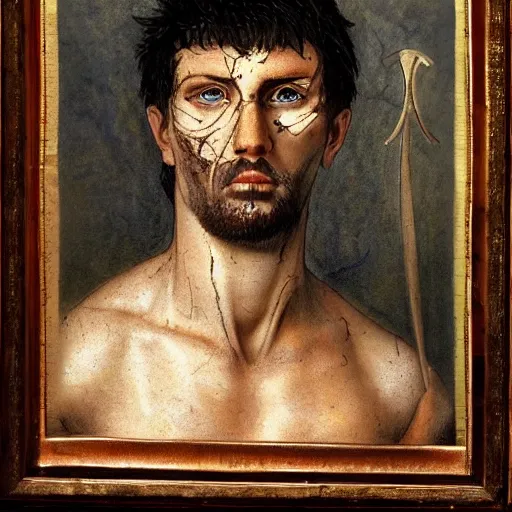 Prompt: self portrait, roman man with battle scar on his chest holding his sword on his shoulder, pencil art, detailed, handsome, colored, bloody