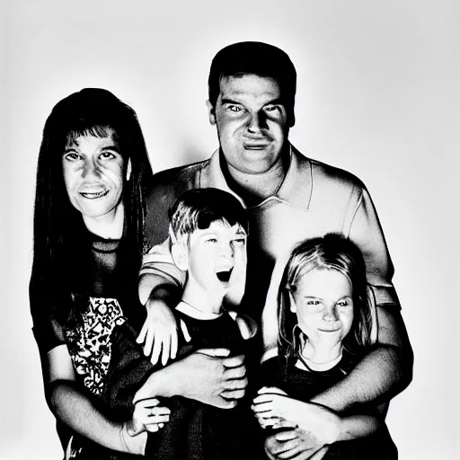 Prompt: symmetrical human 1 9 9 0 s family portrait of the simpsons, grainy high contrast black and white photography photo print ilford warm tone, high definition studio photograph