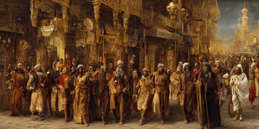 Image similar to Highly detailed and cinematic romantic period oil painting of the Persian king Cyrus the great walking through a bazaar, strong atmosphere, oil painting masterpiece by Josep Tapiró Baró, symmetry, fractals