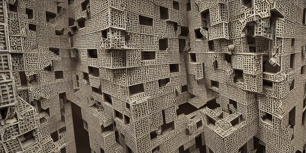 Prompt: endless menger sponge megastructure in the style of mc escher, realistic lighting, very intricate detailed photo, sharp focus, hd, 4 k