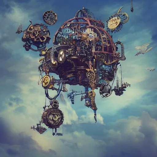 Image similar to flying city in a mechanical flower, sky, steampunk, fantasy art, steampunk, masterpiece, octane